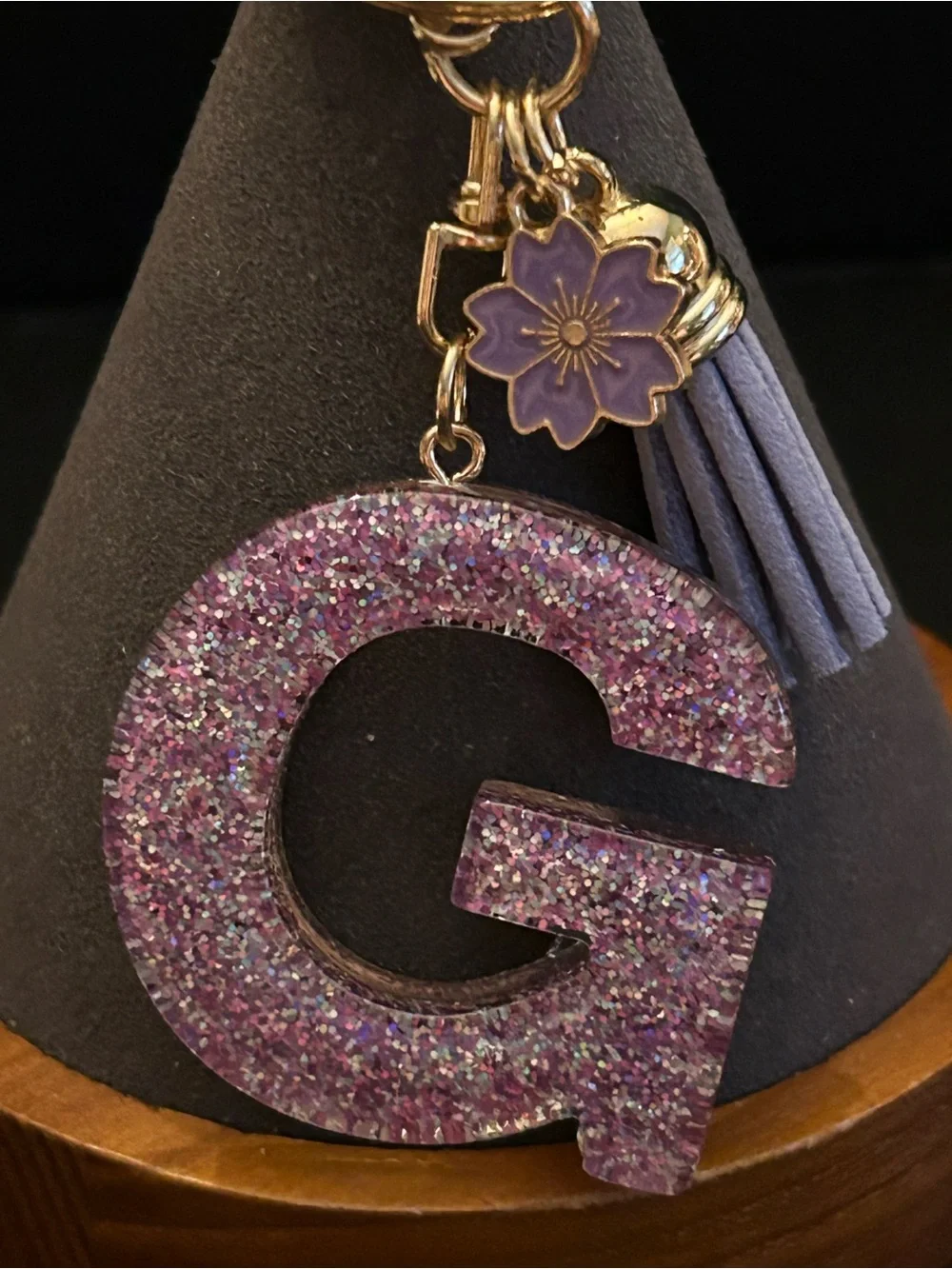 Gold-Tone Key & Card Holder w/Purple Glitter Choice of Initial Charm w/Tassel
